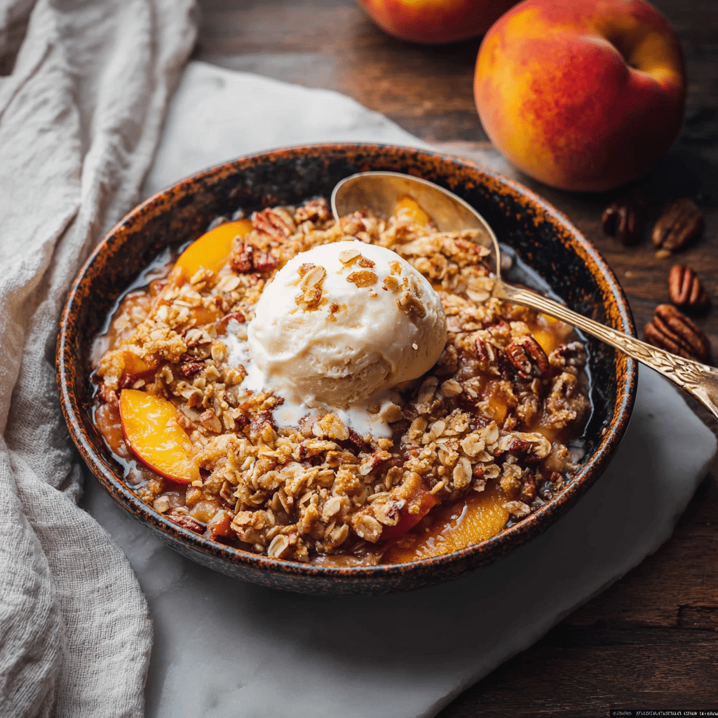Perfect peach crisp served warm with a scoop of vanilla ice cream and pecans on top