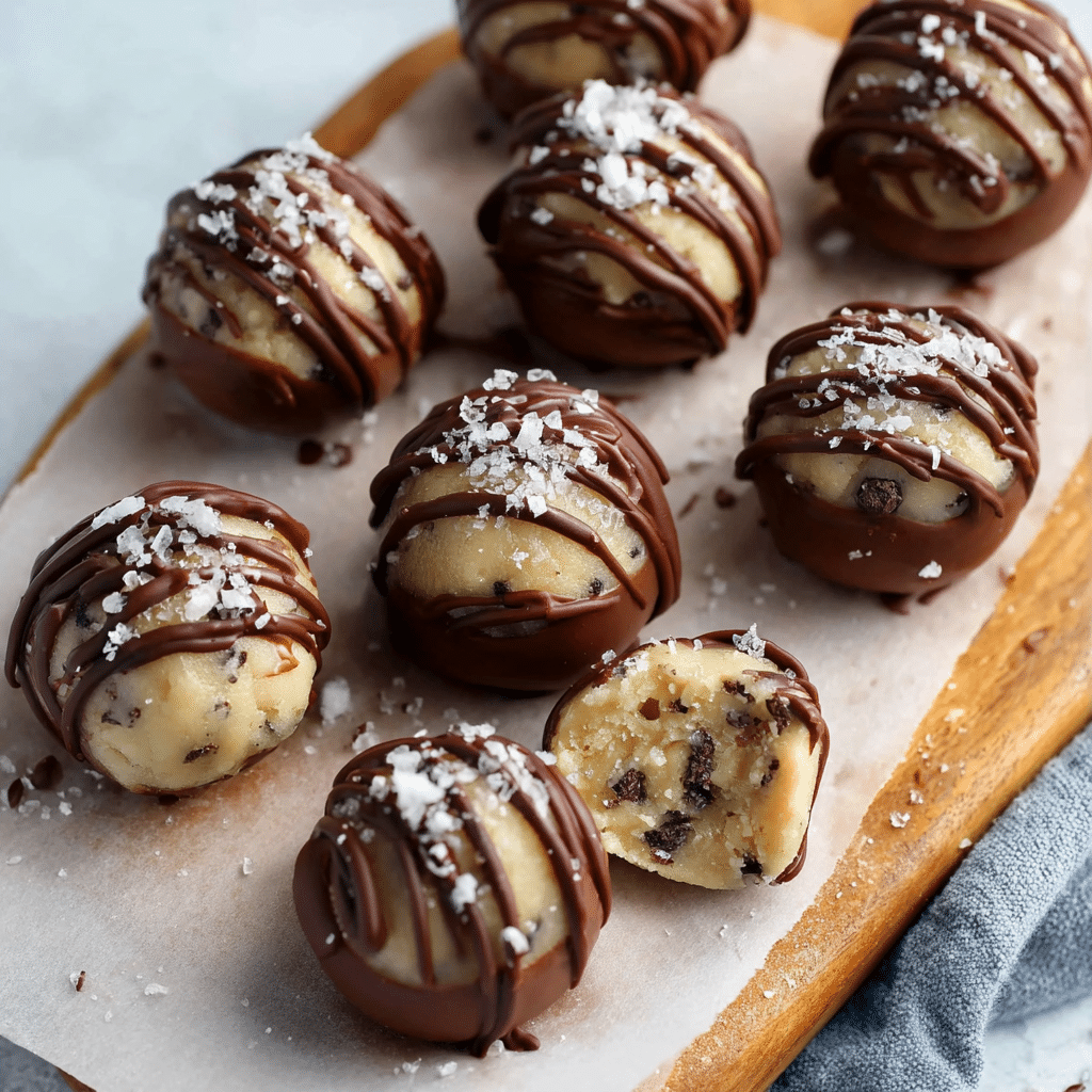 Finished Cookie Dough Truffles on wooden board with sea salt and chocolate drizzle — no-bake dessert perfection.