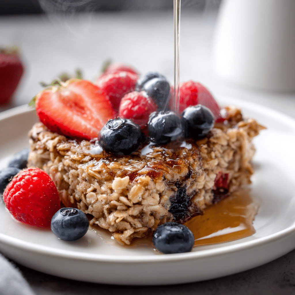Freshly baked oatmeal slice with berries and maple syrup on a breakfast table