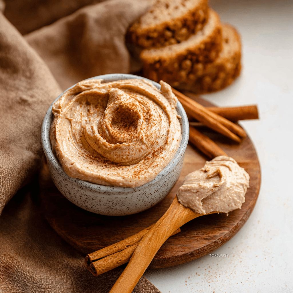 “Jar of Homemade Cinnamon Butter with a slice of banana bread and butter knife on a rustic table.”