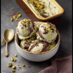 Chocolate Swirl Pistachio Ice Cream: 7-Step No-Churn Delight 9 Chocolate swirl pistachio ice cream in a bowl topped with crushed pistachios and chocolate shavings.
