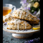 Buttermilk Lavender Scones: 5 Irresistible Brunch Treats 9 Plated Buttermilk Lavender Scones with icing and dried lavender beside a tea setup.