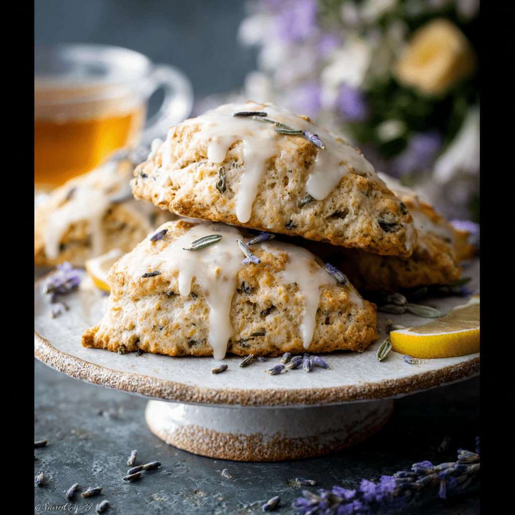Plated Buttermilk Lavender Scones with icing and dried lavender beside a tea setup.