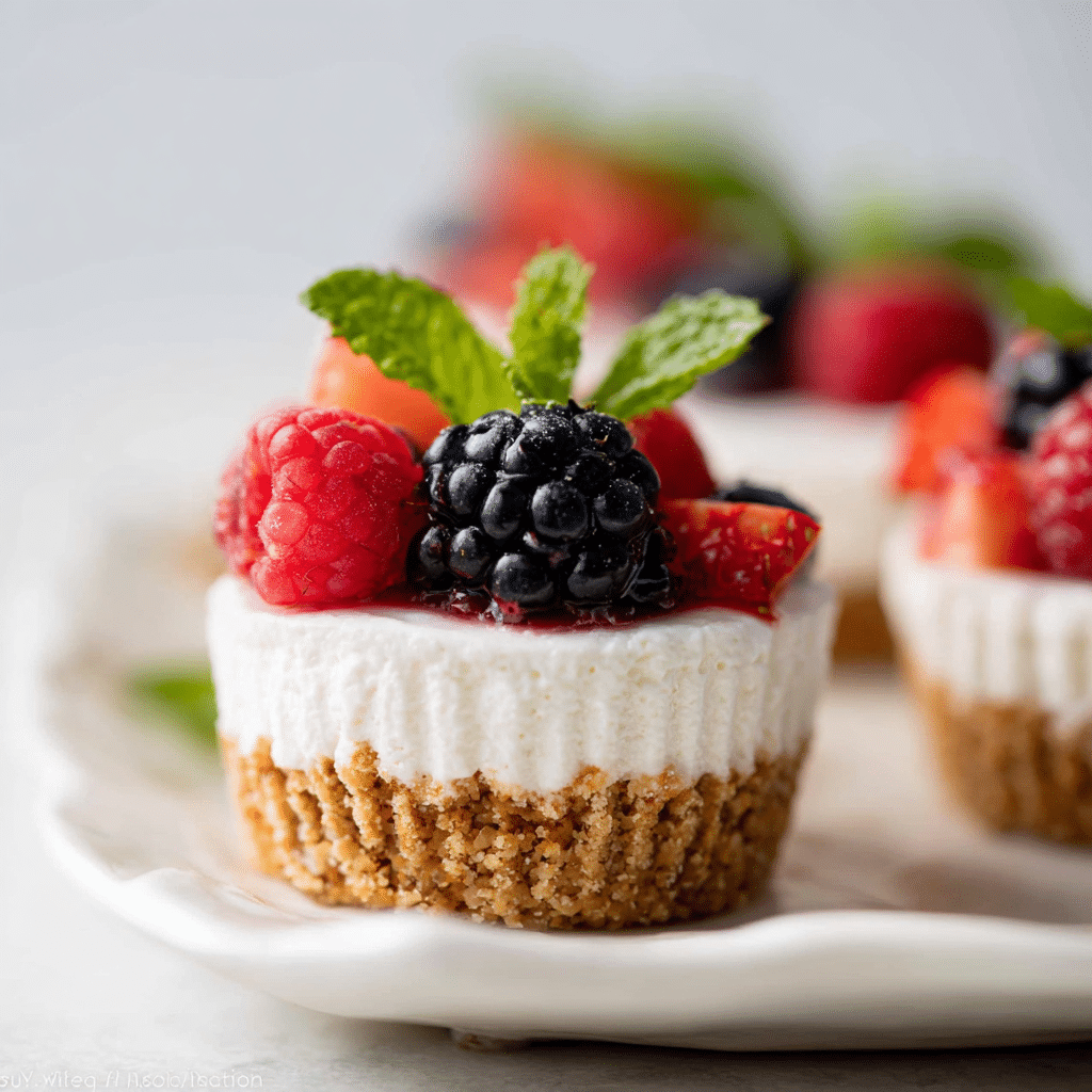 "Mini no-bake cheesecakes topped with berries and mint on white plate"