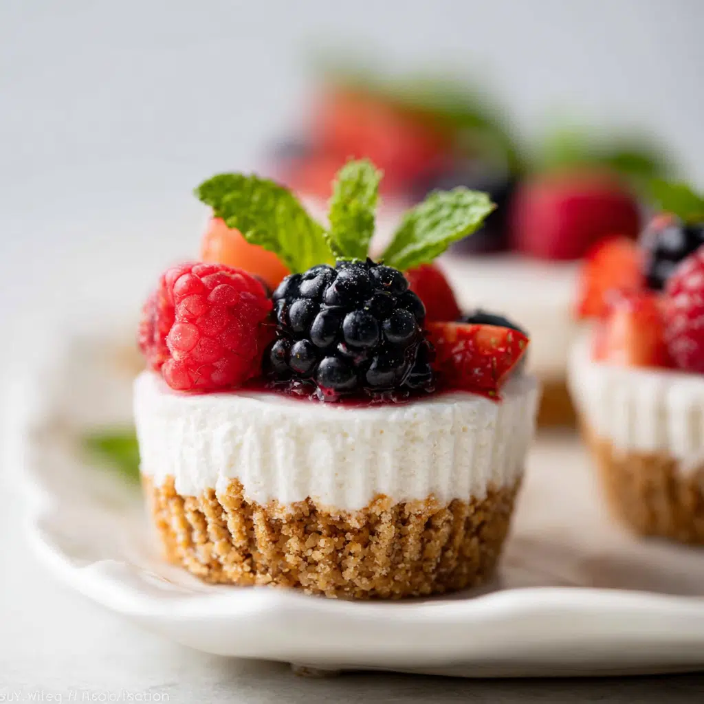 "Mini no-bake cheesecakes topped with berries and mint on white plate"