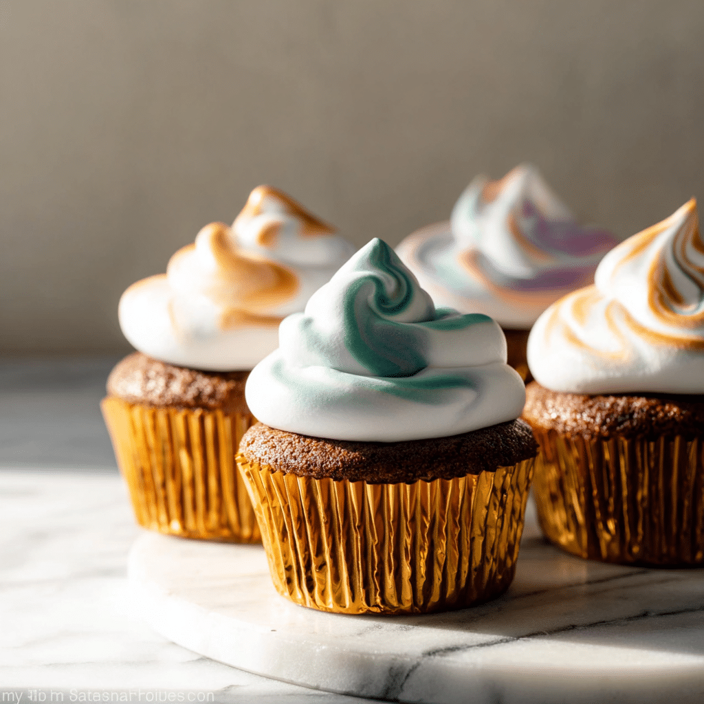 Homemade Marshmallow Creme: 5-Minute Fluffy Frosting You’ll Love 5 Cupcakes topped with glossy homemade marshmallow creme frosting, swirled beautifully on a marble background.”