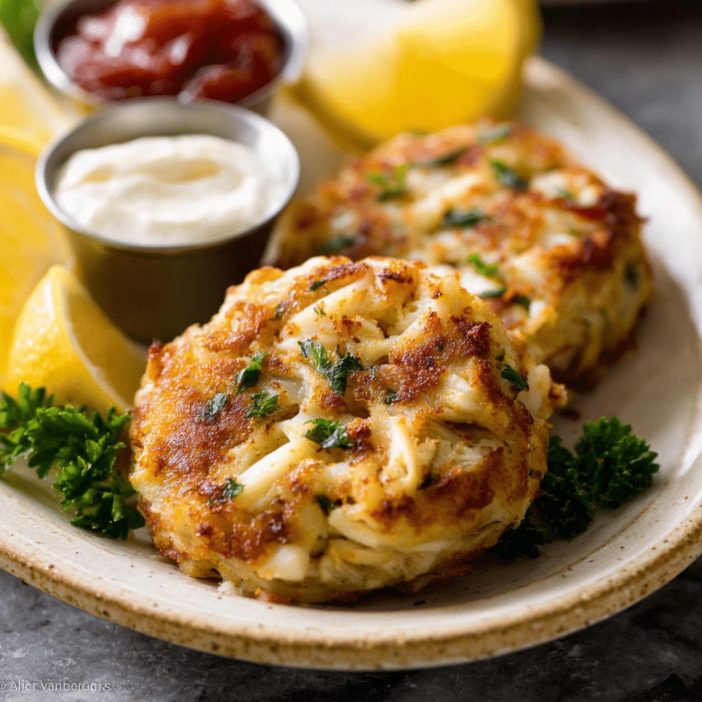 Golden Maryland crab cakes served with lemon wedges and tartar sauce
