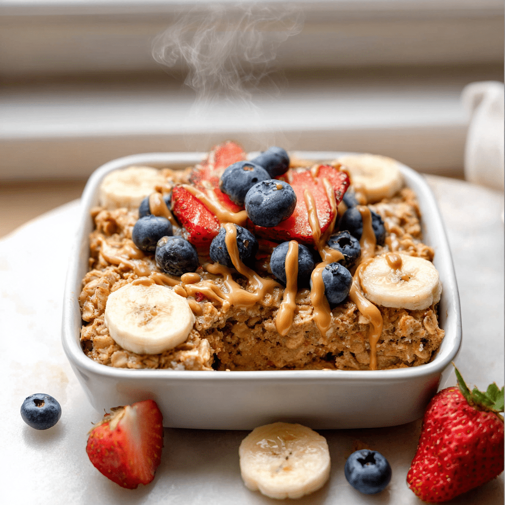Banana Baked Oatmeal: 7 Reasons This Healthy Breakfast Wins 5 Warm banana baked oatmeal served with berries and peanut butter in a white bowl