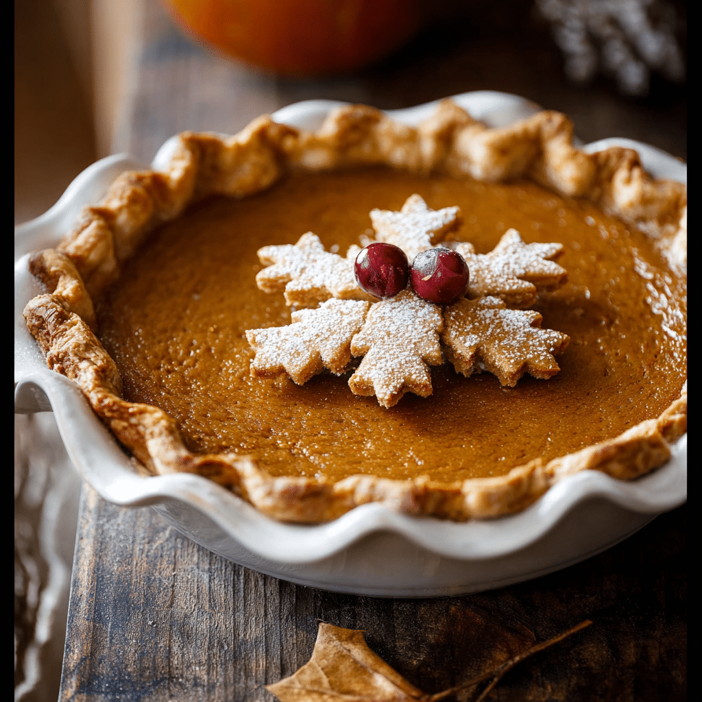 The Great Pumpkin Pie Recipe: 5 Secrets to Perfect Flavor 5 “The Great Pumpkin Pie Recipe fully baked and decorated with sugared cranberries, pie crust leaves, and whipped cream on a rustic table”