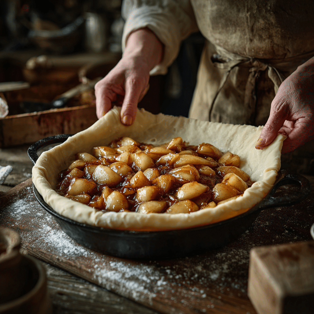 Pear Tarte Tatin Made Simple: 7 Irresistible Reasons to Bake It 7 Assembling Pear Tarte Tatin in skillet with golden pears and pastry crust.