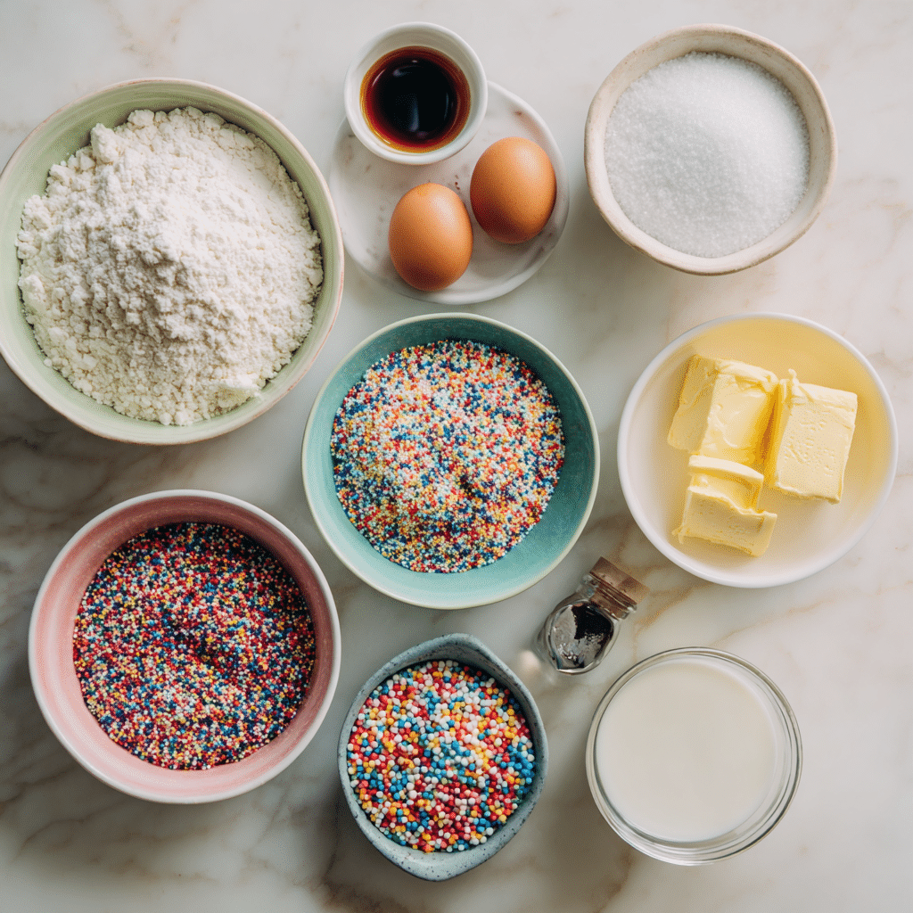 Sprinkle Sheet Cake Recipe: 9 Funfetti Tips You’ll Love 6 Ingredients for Sprinkle Sheet Cake including butter, flour, milk, sprinkles, eggs, and vanilla”