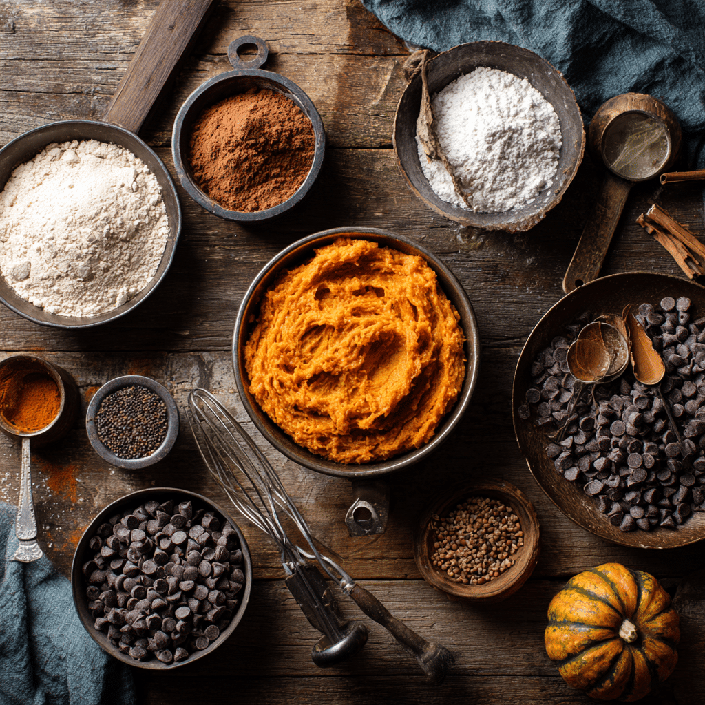 Pumpkin Chocolate Chip Bread: 7 Reasons You'll Love This Fall Favorite 6 Colorful overhead view of ingredients for pumpkin chocolate chip bread including pumpkin puree, flour, fall spices, and chocolate chips