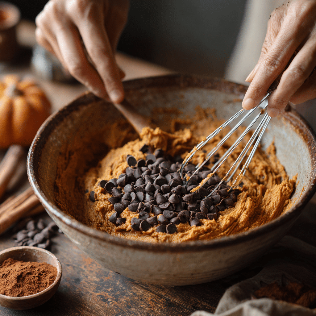 Pumpkin Chocolate Chip Bread: 7 Reasons You'll Love This Fall Favorite 7 Hands folding chocolate chips into pumpkin bread batter in a warm, cozy kitchen