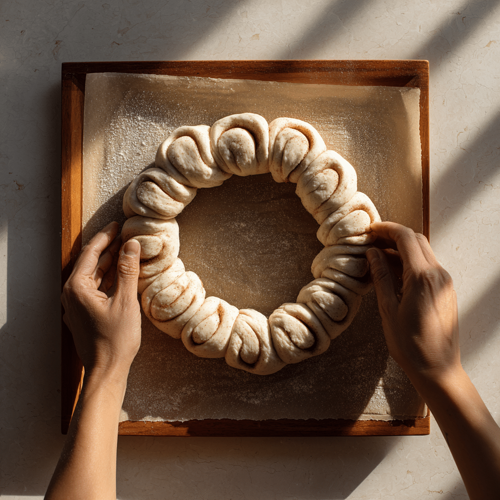 Cinnamon Roll Wreath: 7 Irresistible Tips for Perfect Results 7 Shaping the Cinnamon Roll Wreath on a baking sheet before rising