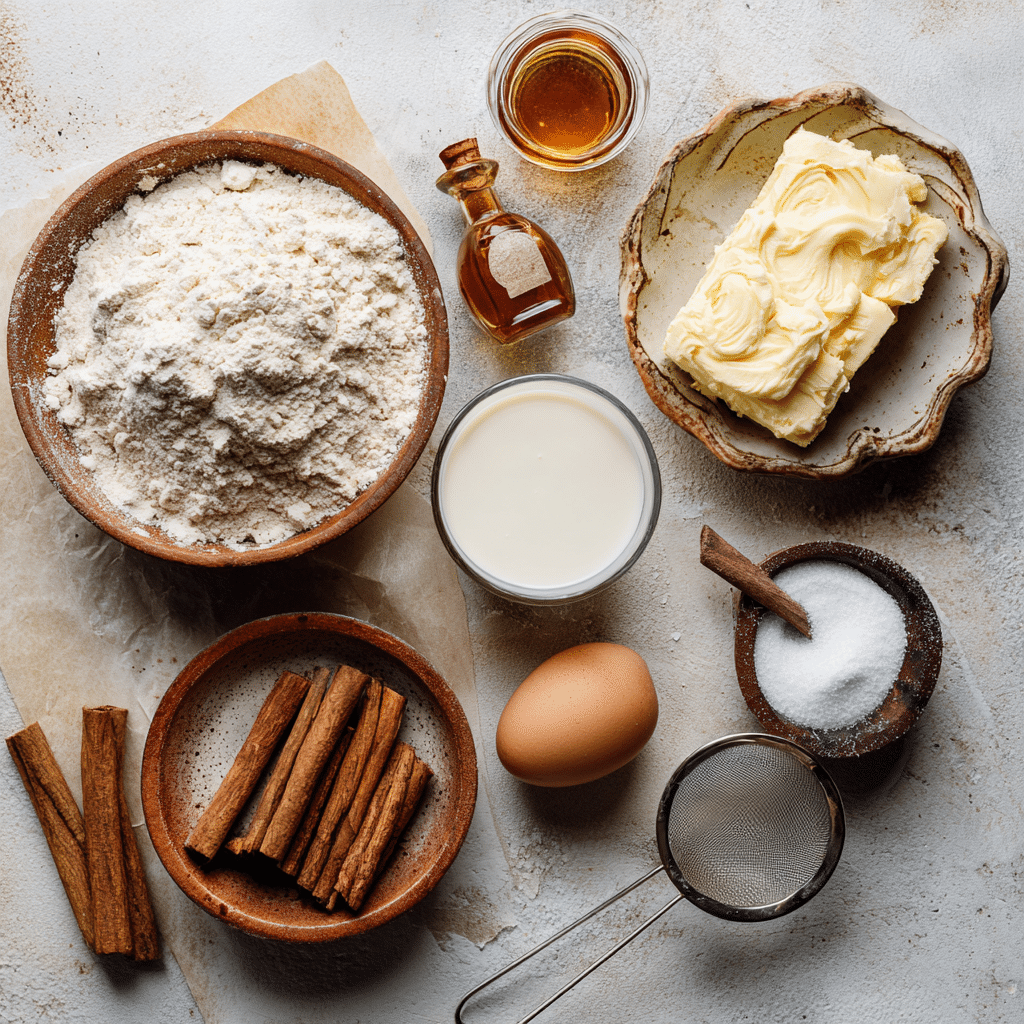 Cinnamon Roll Cookies: 7 Irresistible Reasons to Bake Them 6 Ingredients for Cinnamon Roll Cookies including flour, butter, sugar, cinnamon, vanilla, and milk displayed on a baking surface.