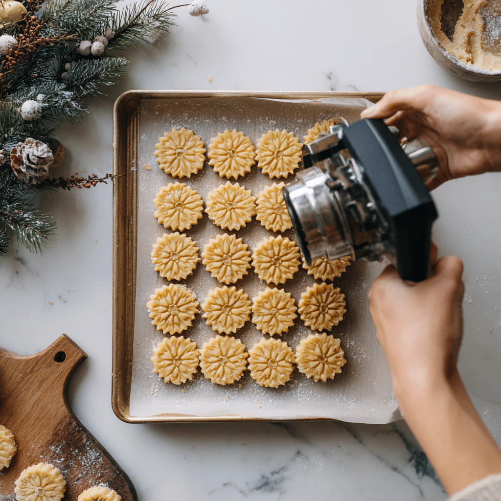 Classic Spritz Cookies Recipe: 7 Secrets to Buttery Holiday Perfection 7 Shaping Spritz Cookies with a cookie press on a chilled baking sheet