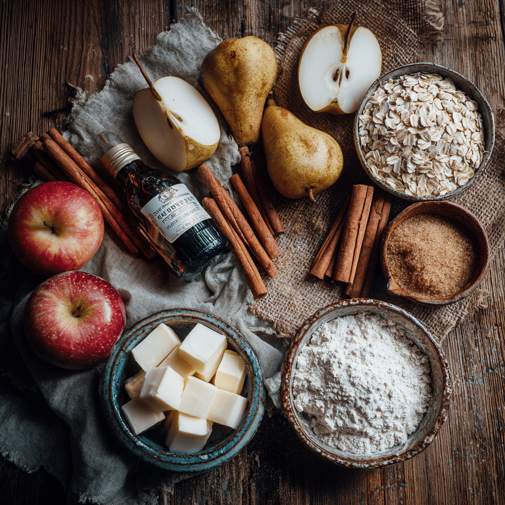 Cinnamon Apple Pear Crisp: 7 Irresistible Steps to Cozy Dessert Bliss 6 Cinnamon Apple Pear Crisp ingredients with apple, pear, cinnamon, brown sugar and oats