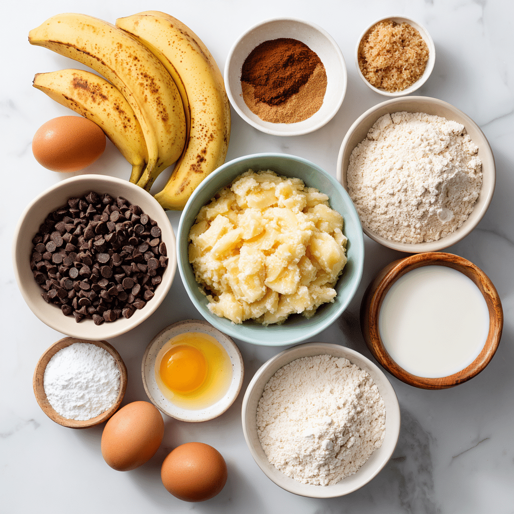 Banana Chocolate Chip Streusel Muffins – 7 Irresistible Tips 6 “Flat lay of ingredients for banana chocolate chip streusel muffins, including bananas, cinnamon, chocolate chips, flour, and butter on a kitchen counter”