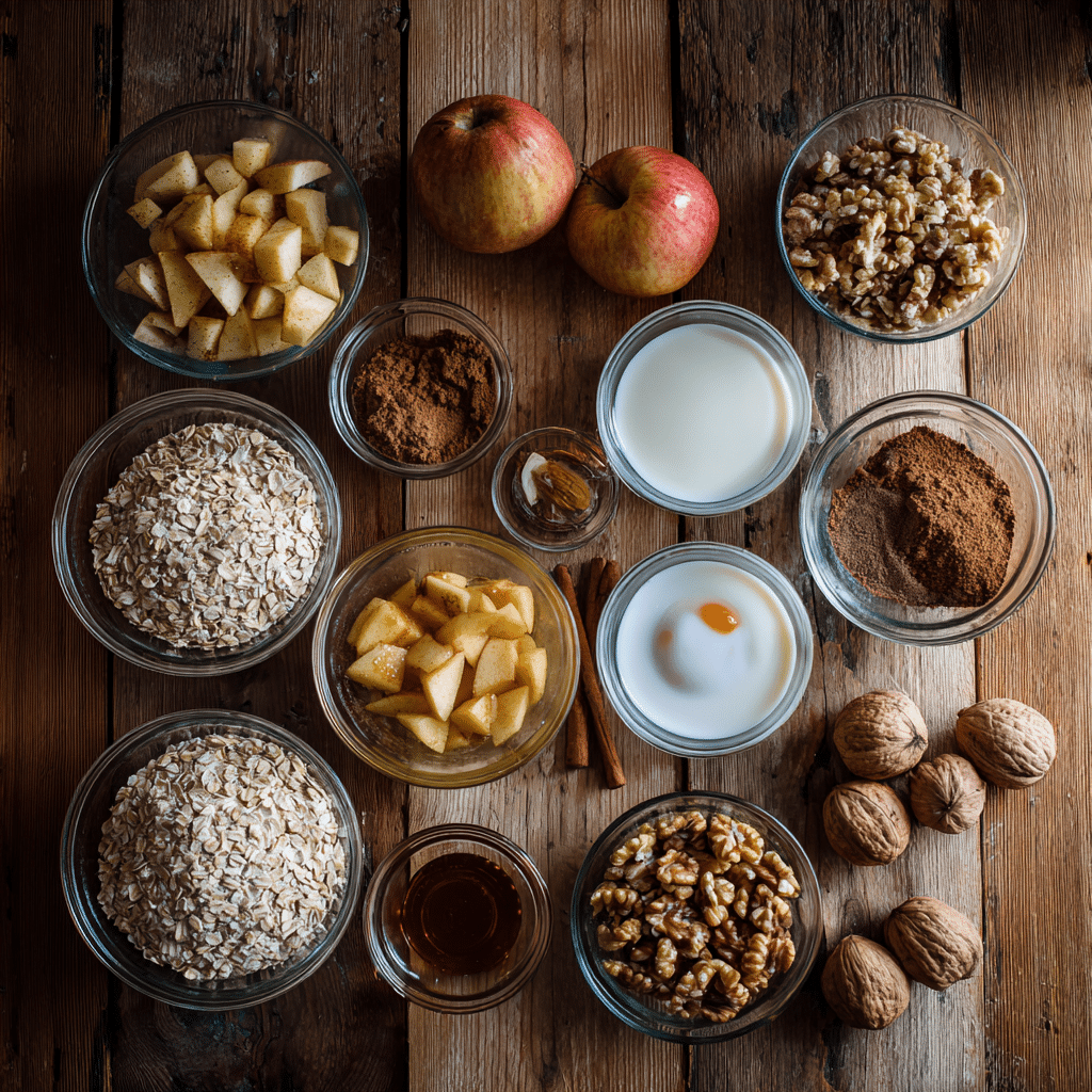 Apple Cinnamon Baked Oatmeal Cups: 7 Irresistible Reasons to Try 7 “Ingredients for Apple Cinnamon Baked Oatmeal Cups including oats, apples, cinnamon, and maple syrup on a rustic counter”