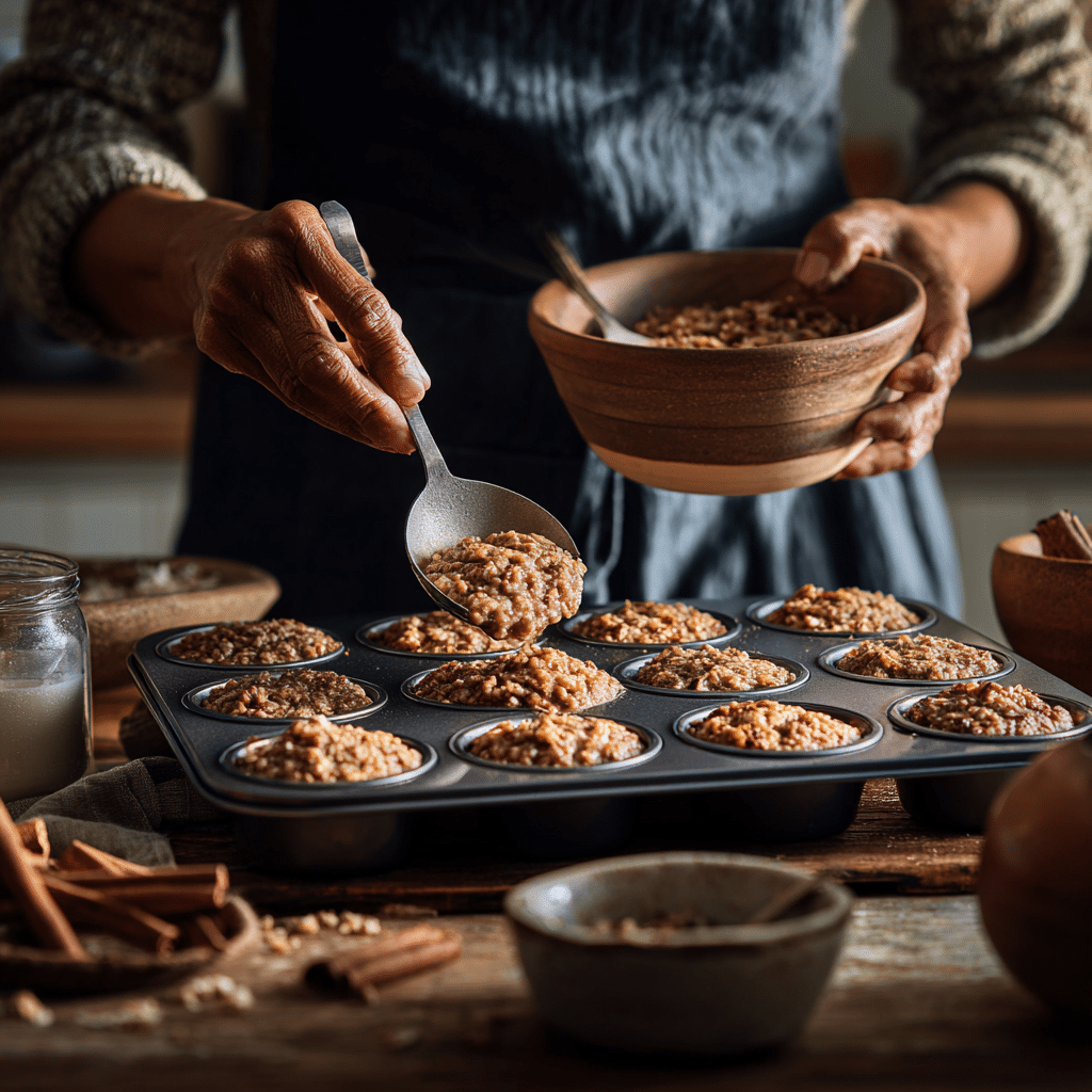 Apple Cinnamon Baked Oatmeal Cups: 7 Irresistible Reasons to Try 8 “Scooping Apple Cinnamon Oatmeal batter into muffin tin before baking”
