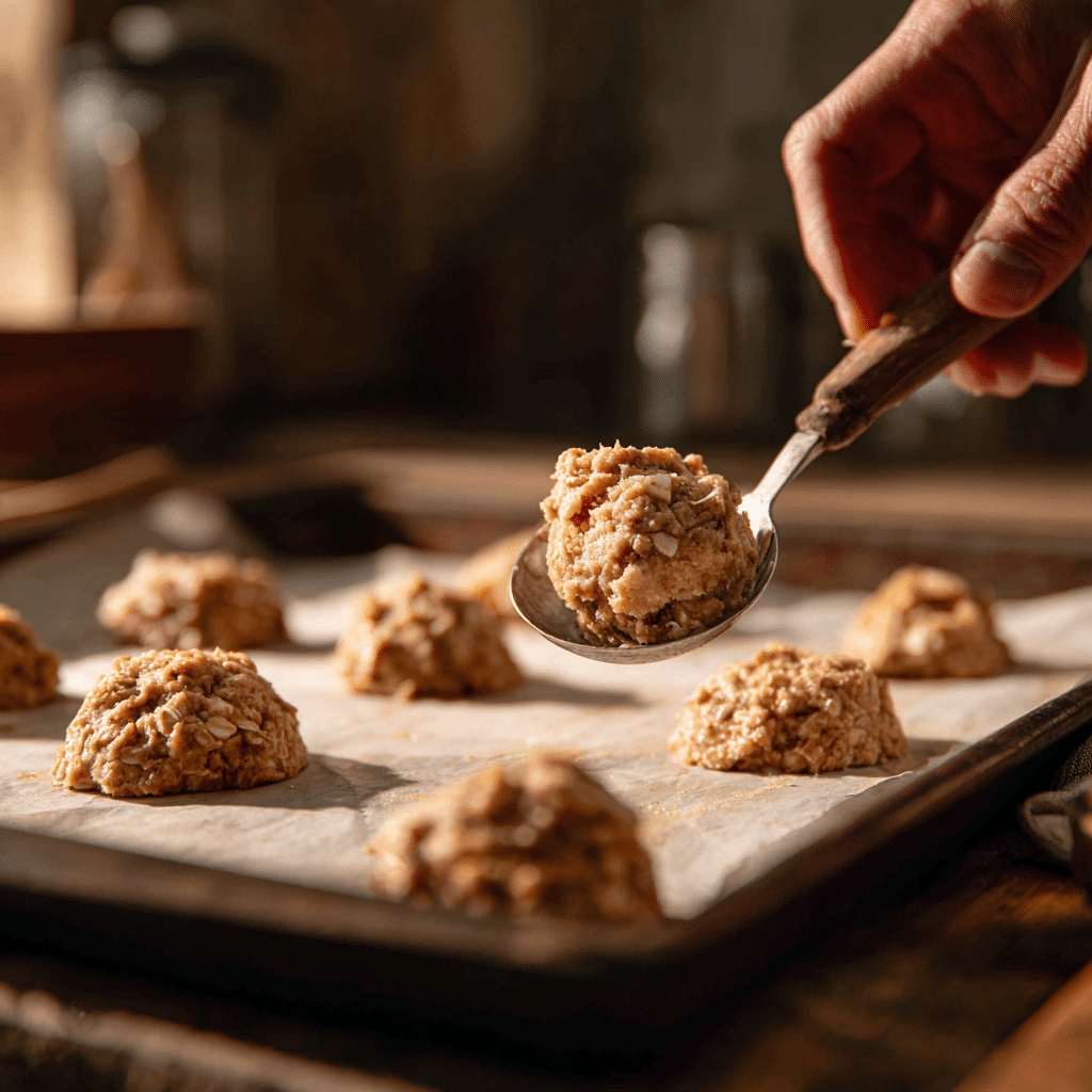 Apple Cinnamon Oatmeal Cookies – 5 Irresistible Reasons to Bake Today 7 Scooping Apple Cinnamon Oatmeal Cookie dough onto baking tray before baking.