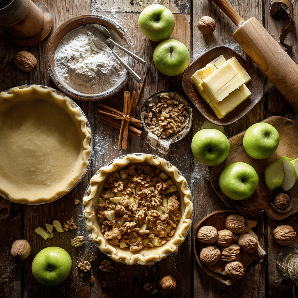 Apple Crumble Pie: 7 Irresistible Secrets for the Best Fall Dessert 6 Ingredients for homemade Apple Crumble Pie on a rustic table with apples, butter, and spices.