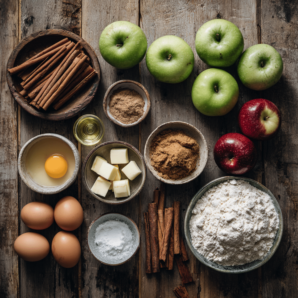 “Fresh ingredients for homemade apple cinnamon bread including apples, cinnamon, flour, butter, and brown sugar on a rustic wooden surface.”