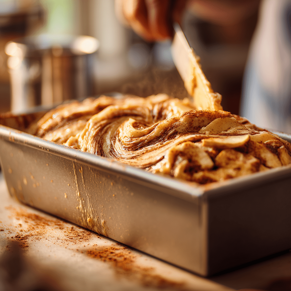 “Swirling apple and cinnamon mixture into bread batter in a loaf pan before baking.”