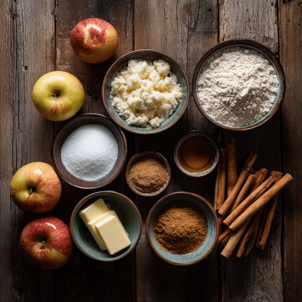 "Apple Cinnamon Crumb Muffin ingredients laid out in ceramic bowls on a wooden surface"