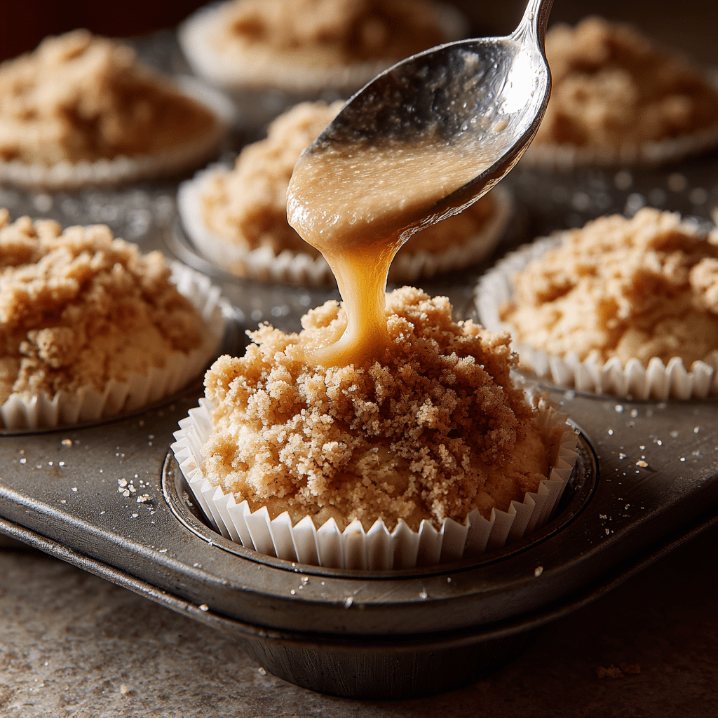 "Apple cinnamon muffin batter being spooned into liners with crumb topping added"