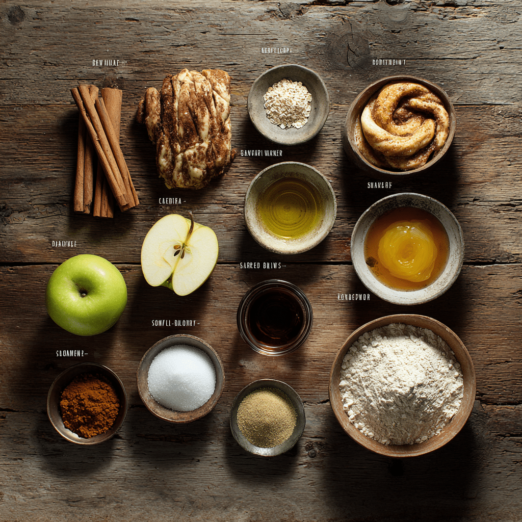Apple Cinnamon Babka ingredients including fresh apples, cinnamon, flour, yeast, butter, and eggs on a rustic table”