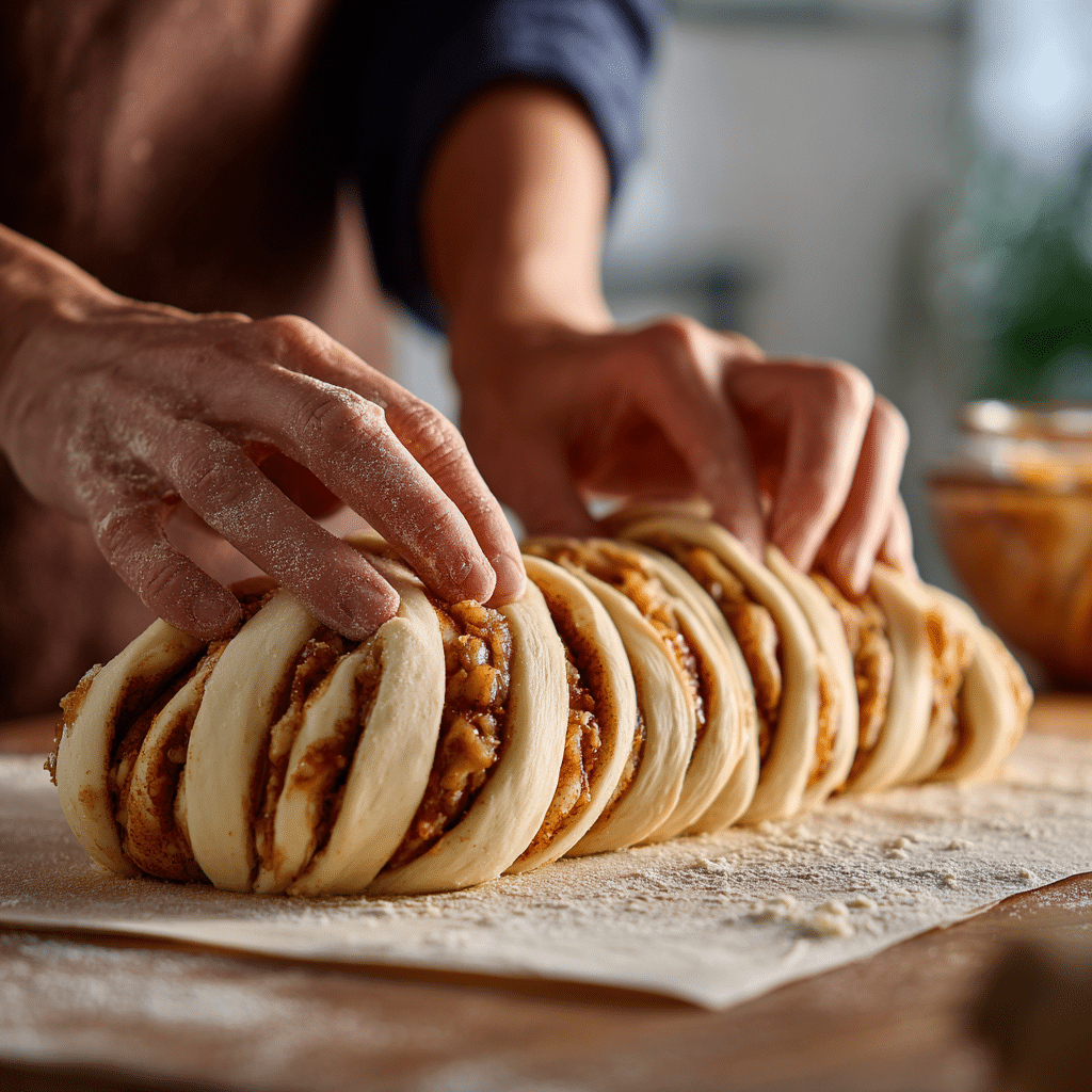 Twisting apple cinnamon babka dough filled with cinnamon sugar and apple chunks into a loaf”