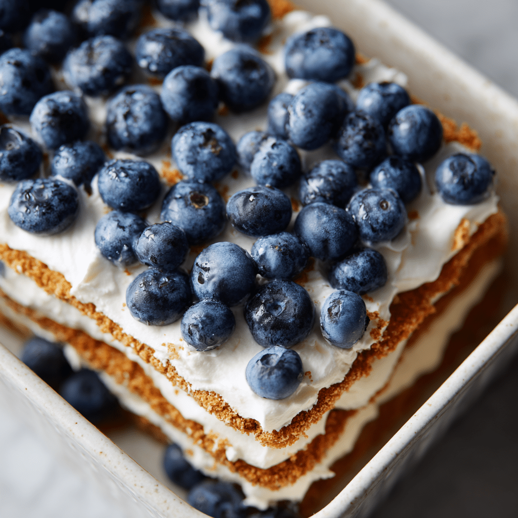 Blueberry Lemon Icebox Cake: 7‑Ingredient Summer Delight 7 Layering whipped cream and blueberry sauce in Blueberry Lemon Icebox Cake