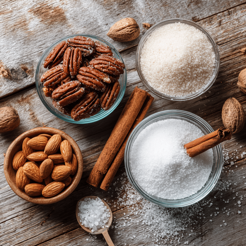 Homemade Cinnamon Sugar Candied Nuts: 7 Delightful Reasons to Make Them 6 "Ingredients for homemade cinnamon sugar candied nuts arranged on a rustic kitchen counter before baking."