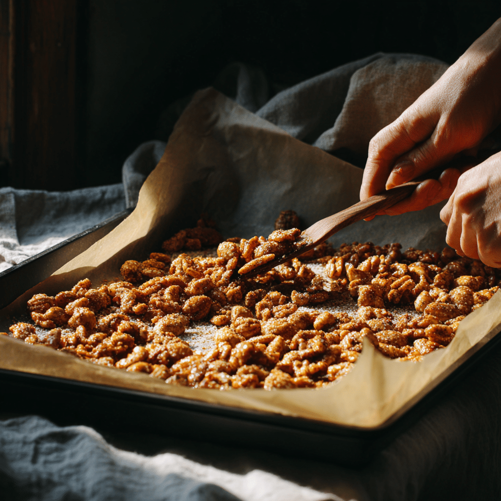 Homemade Cinnamon Sugar Candied Nuts: 7 Delightful Reasons to Make Them 7 "Sugar-coated cinnamon nuts being spread onto a baking tray before roasting in the oven."