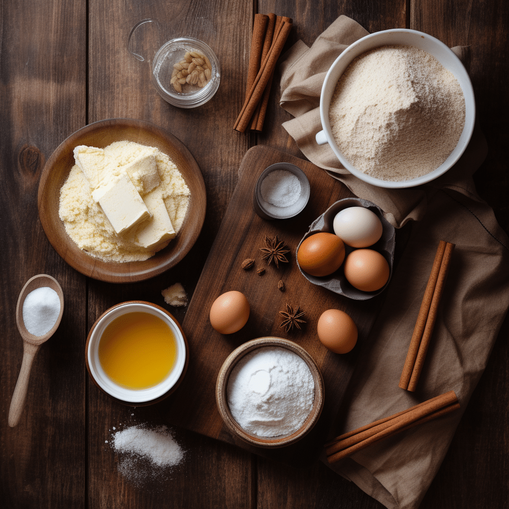 Snickerdoodle Cupcakes with Cinnamon Swirl Frosting – 12 Irresistible Reasons to Bake Them 6 Flat lay of ingredients for Snickerdoodle Cupcakes with Cinnamon Swirl Frosting including cinnamon, sugar, flour, butter, and vanilla on a rustic table.