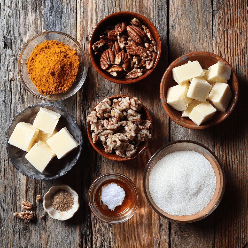 Pumpkin Spice Toffee: 7 Cozy Reasons to Love This Fall Treat 5 Flat lay of Pumpkin Spice Toffee ingredients including pecans, butter, sugar, white chocolate, corn syrup, salt, and pumpkin pie spice on a rustic wooden table”