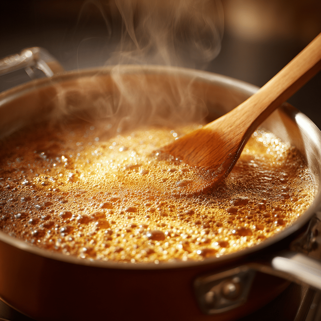 Pumpkin Spice Toffee: 7 Cozy Reasons to Love This Fall Treat 6 Pumpkin Spice Toffee bubbling in saucepan at soft-crack stage with thermometer and wooden spoon