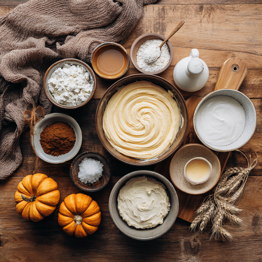 Pumpkin Swirl Cheesecake: 5-Star Creamy Recipe You’ll Love 6 Pumpkin Swirl Cheesecake ingredients including pumpkin puree, cream cheese, gingersnaps, spices, and eggs on a fall-themed counter.”