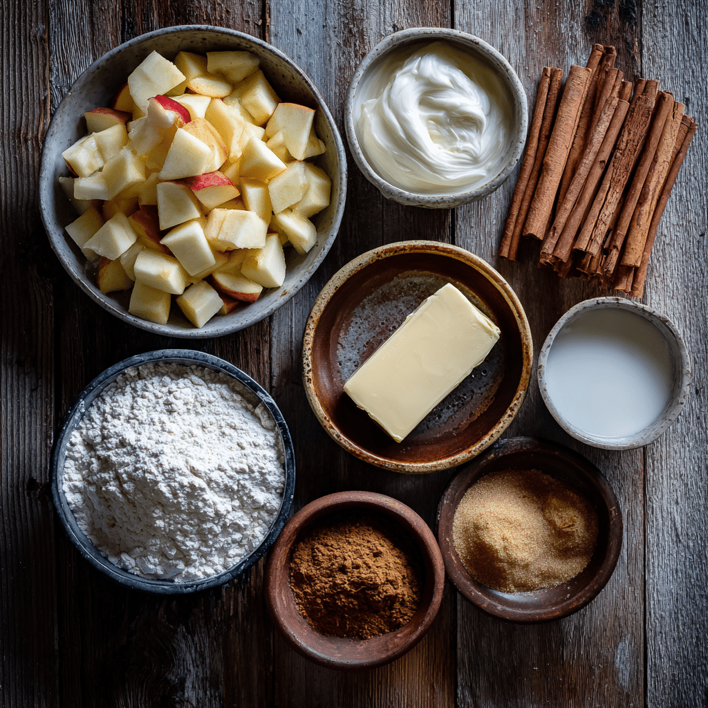 Apple Cinnamon Scones with Caramel: 7 Irresistible Fall Treats 6 “Ingredients for Apple Cinnamon Scones with Caramel displayed on a rustic wooden surface”