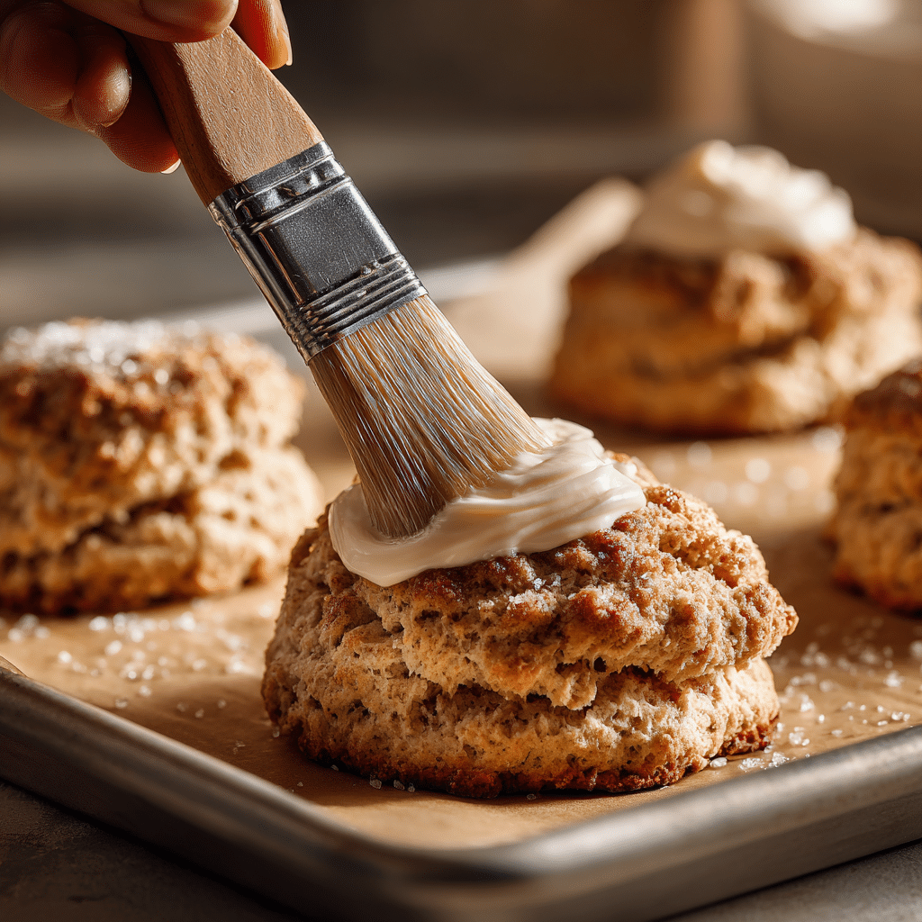 Apple Cinnamon Scones with Caramel: 7 Irresistible Fall Treats 7 “Apple Cinnamon Scones on parchment paper being brushed with cream and sugar before baking”