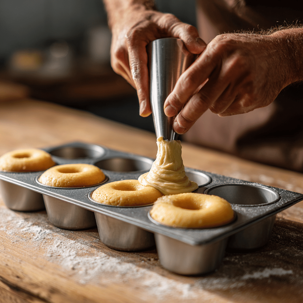 Baked Cinnamon Sugar Donuts: 10-Minute Delight Everyone Loves 7 "Piping thick cinnamon sugar donut batter into a nonstick donut pan before baking"