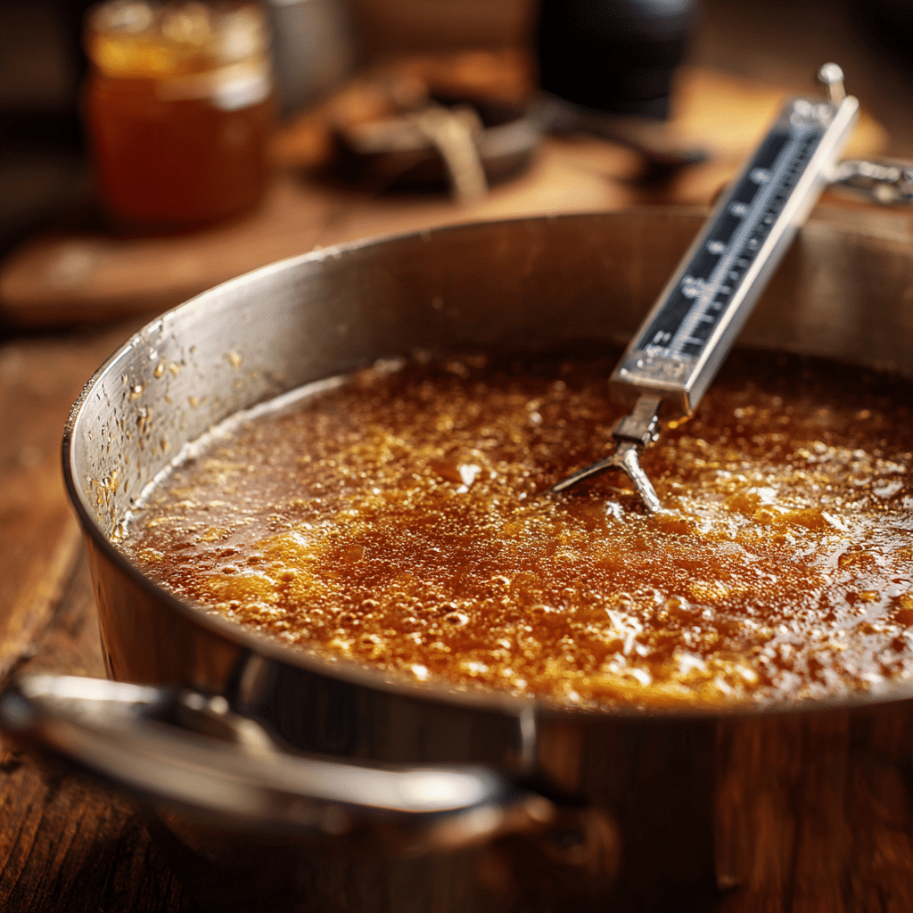 Homemade Caramel Apples: 7 Sweet Secrets for Perfect Results 7 “Caramel for homemade caramel apples cooking in pot with candy thermomete