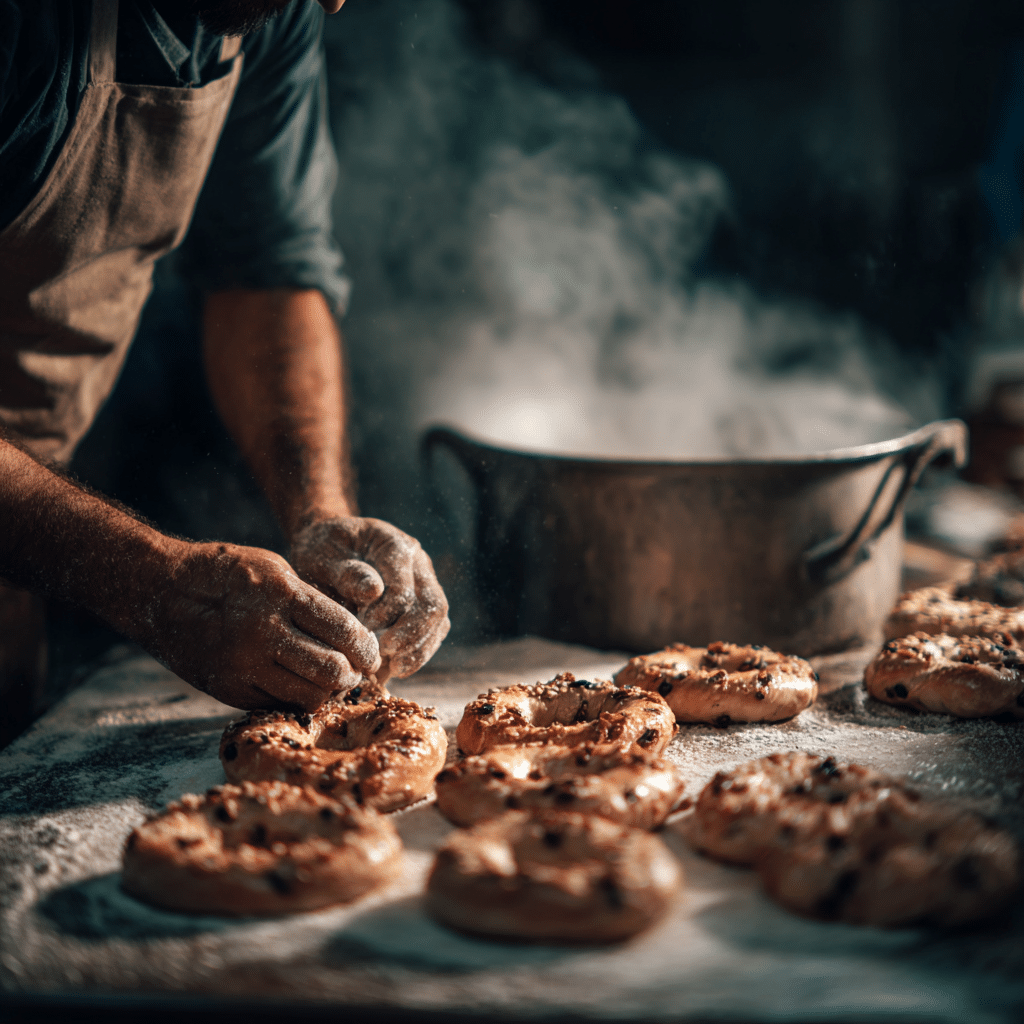 Homemade Cinnamon Raisin Bagels: 7 Secrets for Perfect Chewiness 3 “Shaping Homemade Cinnamon Raisin Bagels on a floured surface before boiling in honey water bath”