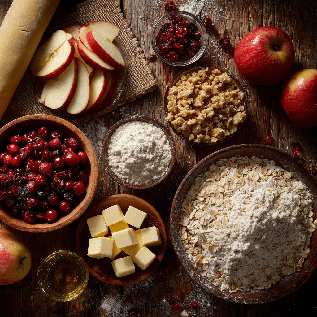 Apple Cranberry Crumble Pie: 7 Irresistible Reasons to Bake It This Fall 6 “Apple Cranberry Crumble Pie ingredients: sliced apples, cranberries, oats, brown sugar, butter, spices, and pie dough on wooden counter”