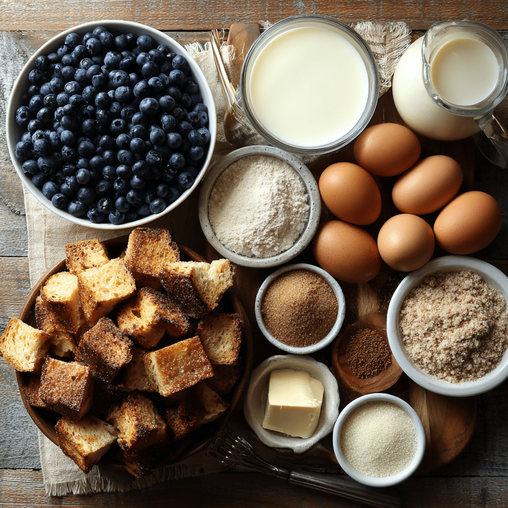 Blueberry French Toast Casserole: 5-Star Delicious Brunch Bake 6 ingredients for Blueberry French Toast Casserole laid out for assembly