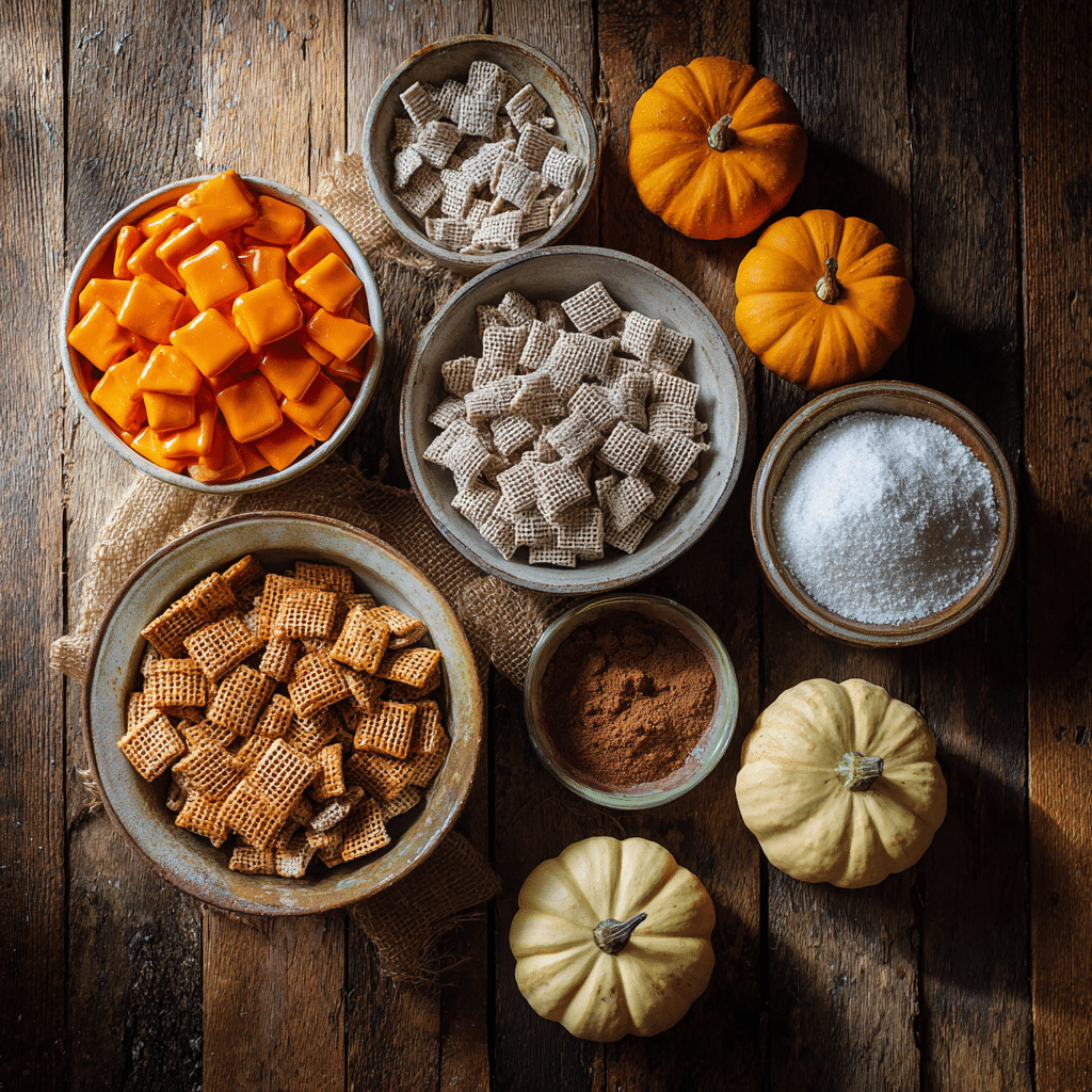 Pumpkin Spice Puppy Chow: 10-Minute Irresistible Fall Treat 7 “Pumpkin Spice Puppy Chow ingredients including Chex cereal, orange candy melts, powdered sugar, cinnamon, nutmeg, cloves, and mellowcreme pumpkins”