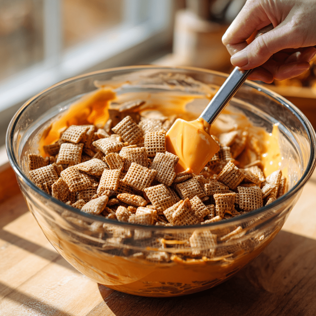 Pumpkin Spice Puppy Chow: 10-Minute Irresistible Fall Treat 8 “Coating Chex cereal with spiced melted candy mixture for Pumpkin Spice Puppy Chow in a clear glass bowl”