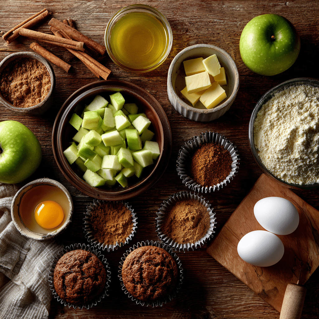 Apple Cupcakes with Salted Caramel Frosting: 7 Irresistible Tips for Success 6 "Ingredients for Apple Cupcakes with Salted Caramel Frosting on a rustic wood surface"