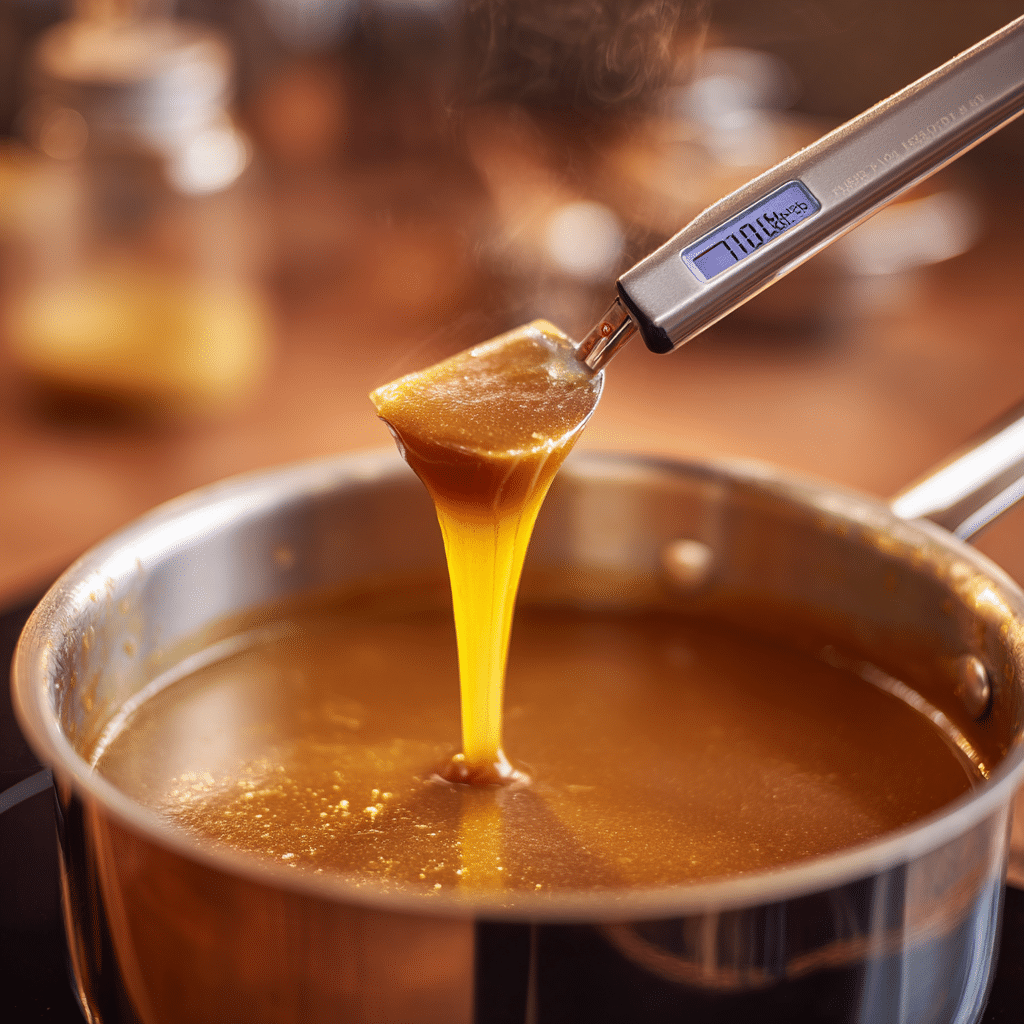 Apple Cupcakes with Salted Caramel Frosting: 7 Irresistible Tips for Success 7 "Stirring golden salted caramel in a saucepan with thermometer for frosting"